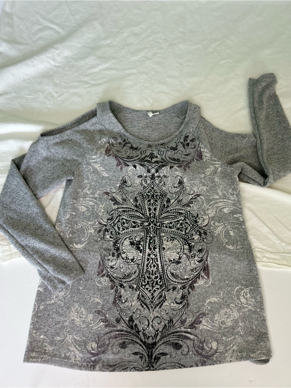 Cyber Y2K Grunge Bling Celtic Cross Rhinestone Cold Shoulder Mall Goth Top XS